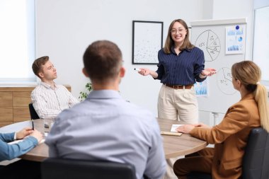 İş koçu ofisteki bir grup insana sunum yapıyor.