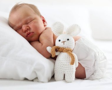 Sevimli yeni doğmuş bebek yastıkta uyuyor ve oyuncak tavşan içeride.