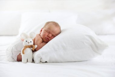 Sevimli yeni doğmuş bebek yastıkta uyuyor ve oyuncak tavşan içeride.