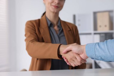 İş ortakları içeride el sıkışıyor, yakın plan çekimde.