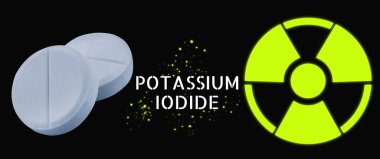Potasyum iyodür hapları ve siyah arka planda uyarı işareti. Radyoaktif kirlenme sırasında iyot tüketimi
