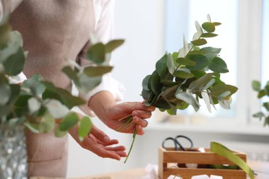 Çiçekçi, çiçekçide okaliptüs dallarından güzel bir buket yapıyor.