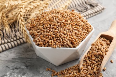 Kasede buğday taneleri, gri masada kepçeler ve çiviler, yakın plan