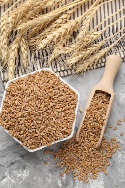 Kasede buğday taneleri, gri masada kepçeler ve çiviler, düz uzanmış