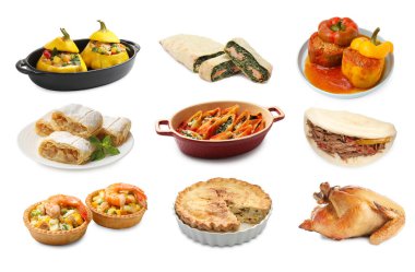 Beyaza izole edilmiş doldurulmuş tabaklar, kolaj