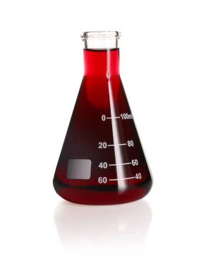 Conical flask with red liquid isolated on white