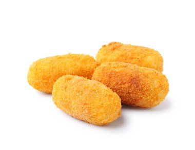 Beyaza izole edilmiş bir sürü lezzetli kızarmış kroket.