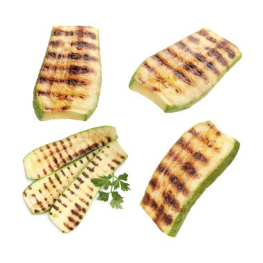 Beyaza izole edilmiş ızgara kabak ve maydanoz dilimleri.