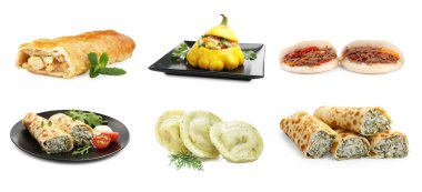 Beyaza izole edilmiş doldurulmuş tabaklar, kolaj