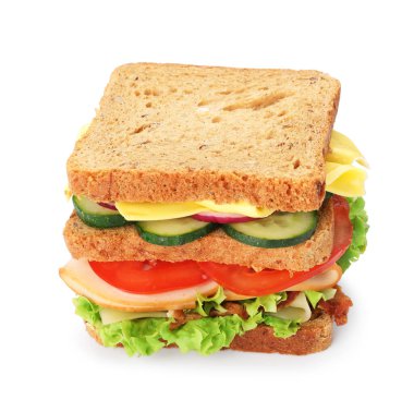 Jambonlu, pastırmalı, peynirli ve sebzeli lezzetli sandviç.