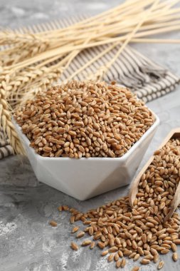 Kasede buğday taneleri, gri masada kepçeler ve çiviler, yakın plan