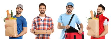 Yiyecek dağıtım işçisi beyaza izole edilmiş, portre kolajı...