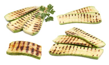 Beyaza izole edilmiş ızgara kabak ve maydanoz dilimleri.