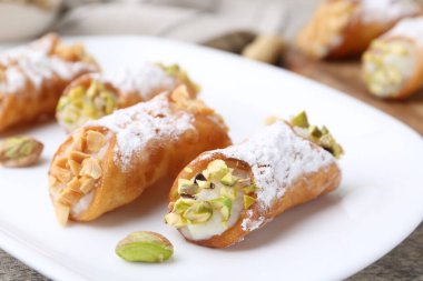 Ricotta peynirli, fıstıklı, şam fıstıklı ve pudra şekerli nefis cannoli. Gri desenli masa, yakın plan.