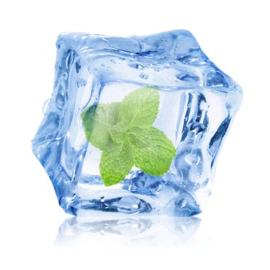 Beyaz zemin üzerinde temiz buz küpünün içindeki taze nane yaprakları