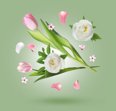 Gökyüzündeki güzel çiçekler ve taç yaprakları yeşil gri gradyan arka plana karşı