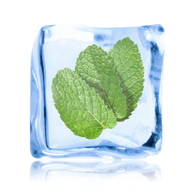 Beyaz zemin üzerinde temiz buz küpünün içindeki taze nane yaprakları