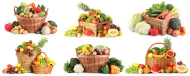 Taze organik sebzeler ve sepetlerde beyaz arka planda meyveler.