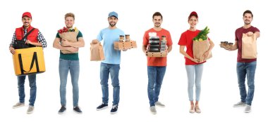 Yiyecek dağıtım işçileri beyazlara izole edilmiş, portre kolajı...