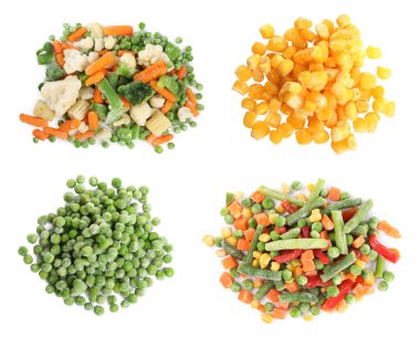 Beyaz arka planda farklı donmuş sebzeler, set. Üst görünüm