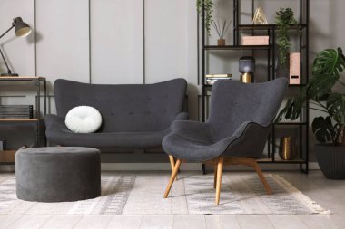 Şık gri koltuk, kanepe, puf, raf ünitesi ve ev bitkileri. İç tasarım