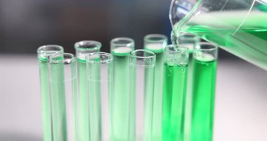 Bilim adamı laboratuardaki test tüplerine yeşil sıvı döküyor.
