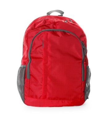 Kırmızı sırt çantası beyaza izole edilmiş. Okula geri dön.