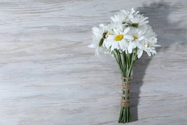 Gri ahşap masadaki güzel papatya çiçekleri, üst manzara. Metin için boşluk