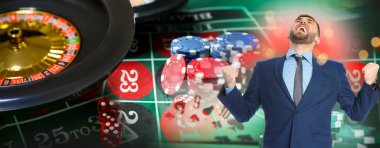 Mutlu kumarbaz, kumarhane fişleri, iskambil kartları, zar ve rulet. Pankart tasarımı