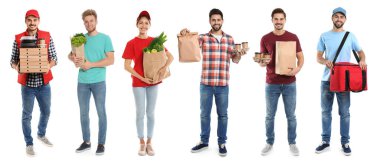 Yiyecek dağıtım işçileri beyazlara izole edilmiş, portre kolajı...