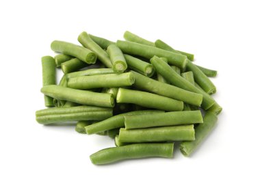 Pieces of fresh green beans isolated on white