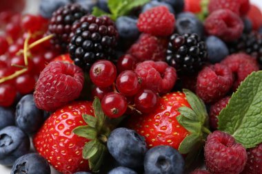 Arka plan olarak farklı olgun böğürtlen ve nane yaprakları, yakın plan