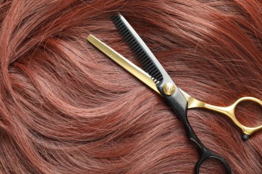 Kestane rengi saç teli ve kuaför makası, yakın plan.