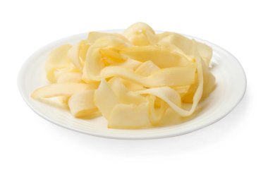 Tasty dried shredded squid isolated on white