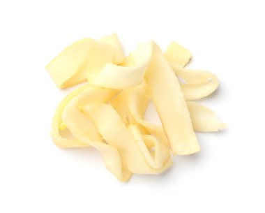 Dried shredded squid isolated on white, top view