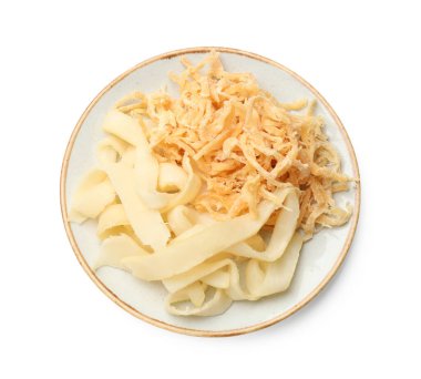 Kurutulmuş mürekkep balığı ve talaşlar beyaz, üst manzara