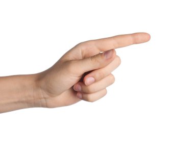 Beyaz arkaplanda bir şeye dokunan kadın, yakın plan.