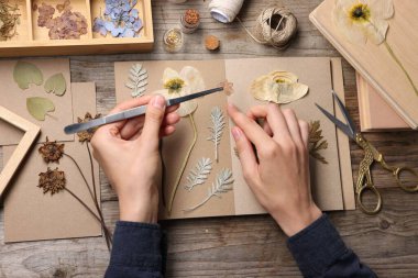 Ahşap masa, üst manzara, kuru çiçekleri deftere koyan kadın.