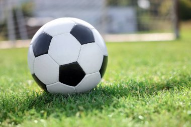 Yeşil çimlerin üzerinde futbol topu, mesaj için boşluk. Futbol oyunu