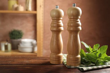 Mutfaktaki ahşap masada tuz, biber değirmeni, nane ve peçete, yakın plan. Metin için boşluk