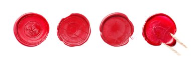 Beyaz üzerine kırmızı balmumu mühürler, set. Üst görünüm