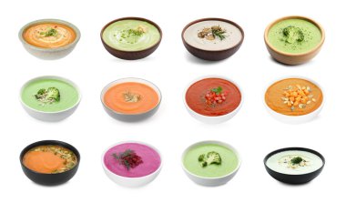 Pürüzsüz ve kadife gibi yemek dokusu. Farklı krema çorbaları beyaz, set