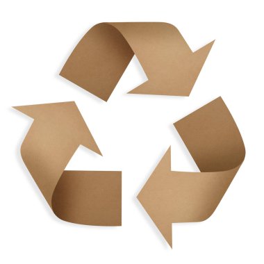 Geri dönüşüm işareti. Beyaz arkaplanda kağıttan yapılmış oklar takip ediliyor