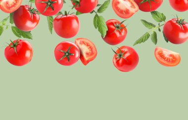 Taze olgun domatesler ve yapraklar soluk yeşil arka plana doğru düşüyor.