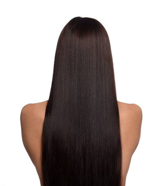 Woman with beautiful smooth hair after lamination procedure on white background