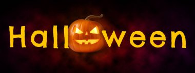 Cadılar Bayramı posteri, pankart tasarımı. Siyah arka planda O harfi yerine Ürkütücü Jack-O-Lantern