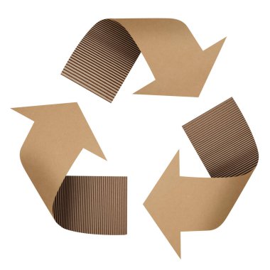 Geri dönüşüm işareti. Beyaz arkaplanda kartondan yapılmış oklar takip ediliyor