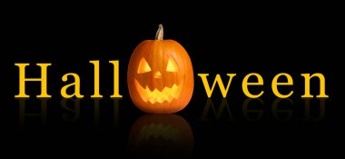 Cadılar Bayramı posteri, pankart tasarımı. Siyah arka planda O harfi yerine Ürkütücü Jack-O-Lantern