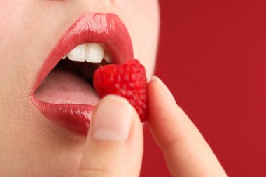 Dudakları güzel makyajlı ve kırmızı arka planda ahududu olan kadın, yakın plan. Metin için boşluk