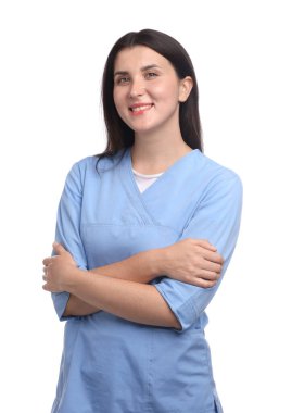 Beyaz arka planda üniformalı hemşire portresi